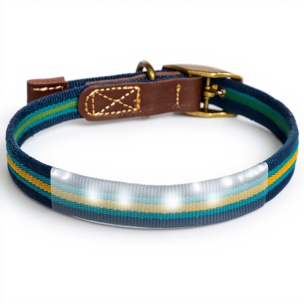 Collier chien cuir véritable rayures bleues jaunes FatFace