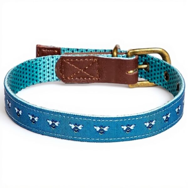 Collier chien cuir Fatface pois abeilles boucle métal bleu