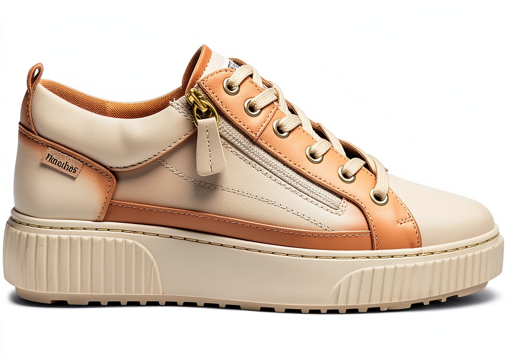 Baskets femme Pikolinos cuir design sportif confortable posées sur un plan de travail en bois